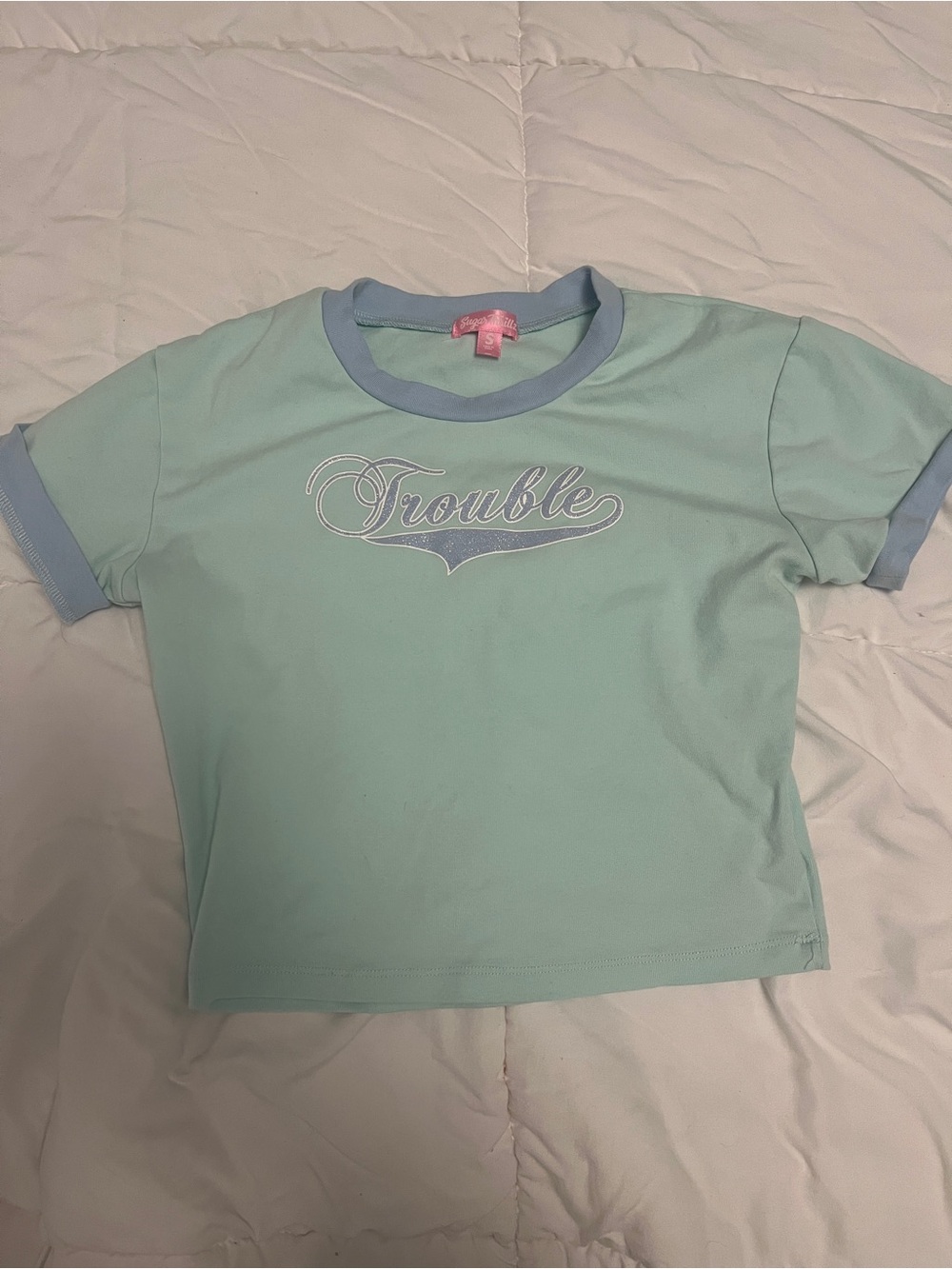 Sugar Thrillz Mint Ringer Tee with Blue Trim - "Trouble" Script